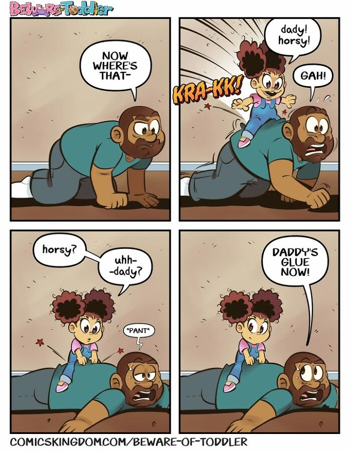A four-panel comic featuring a toddler riding on her dad's back, a common scene in the chaos of parenting.