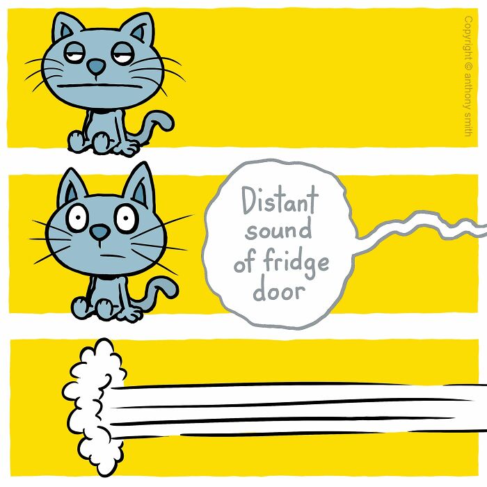 An illustration of a cat's quick reaction to the sound of a fridge door opening, a classic funny cat moment.
