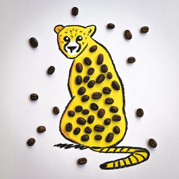 Playful illustration of a yellow cheetah with coffee bean spots as everyday objects come to life