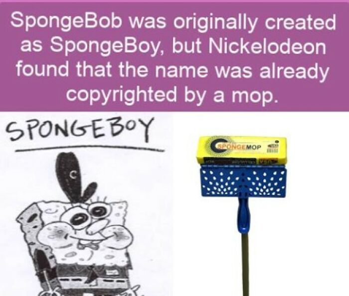 Early Spongebob sketch and a sponge mop, illustrating an interesting fact for quiz night.