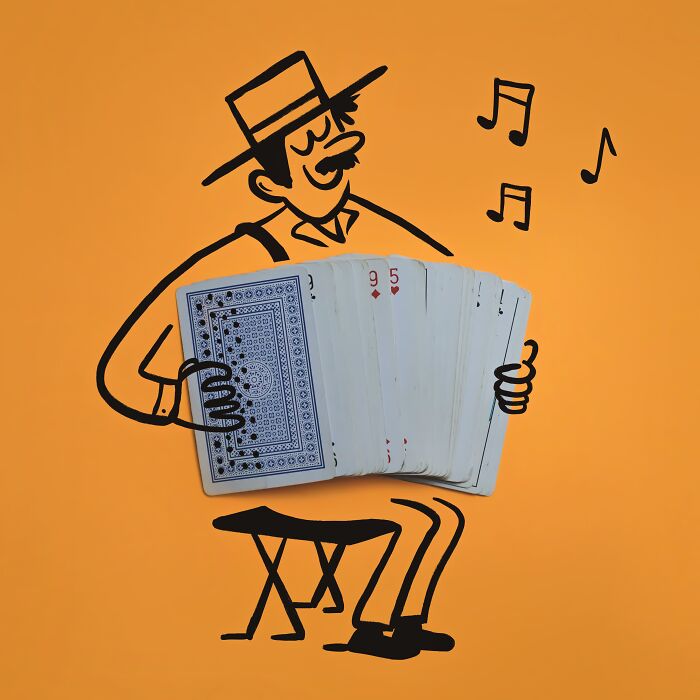 Playful illustration of a man playing an accordion made from a deck of cards as everyday objects come to life