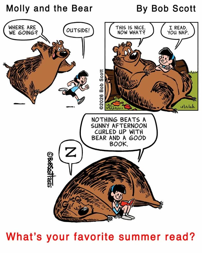 A comic of a family living with a lovable bear, enjoying an afternoon curled up, reading a good book.