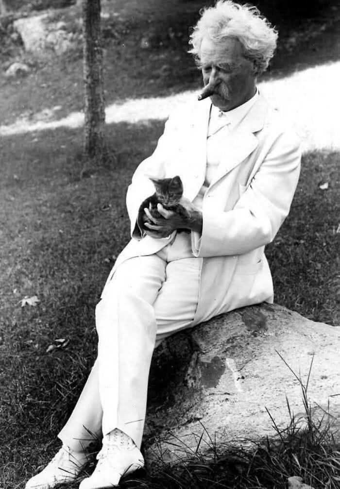 Vintage cat photo of author Mark Twain in a white suit holding a small kitten while sitting on a rock