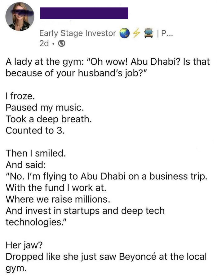 A cringey social media post about a woman at the gym responding to a sexist comment.