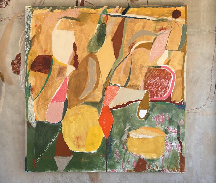 Large-scale creative art by Heather Chontos, an abstract painting with warm yellow, green, and pink hues.