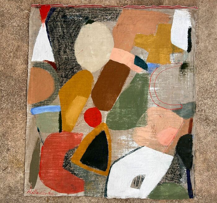 An abstract creative art painting by Heather Chontos featuring organic shapes in muted and bright colors on a textured surface.