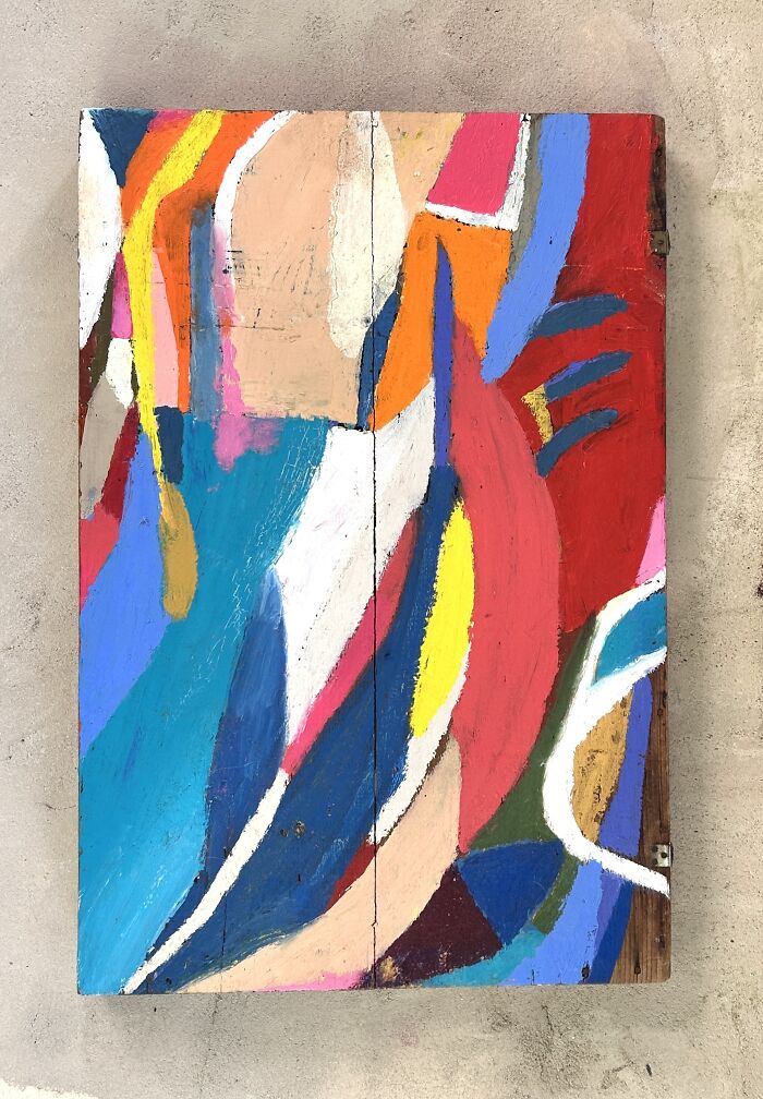 A vibrant, colorful abstract creative art piece by Heather Chontos, with bold strokes and playful shapes.