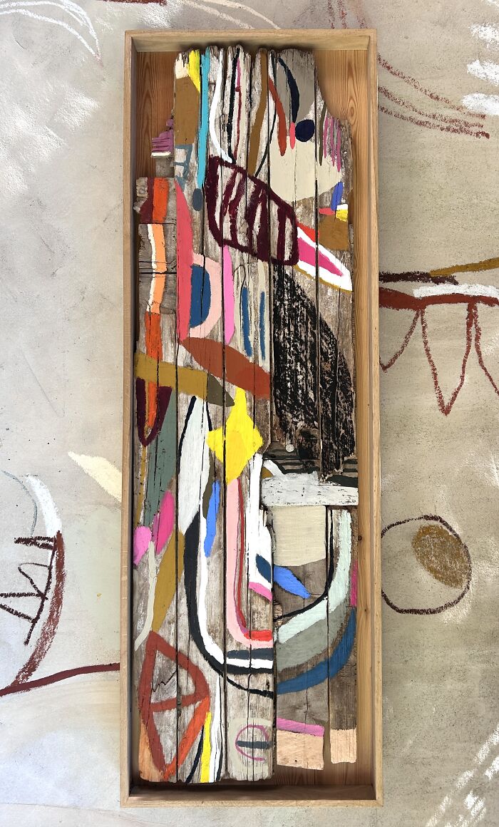 Vertical creative art by Heather Chontos, a colorful abstract composition on wood panels within a simple frame.