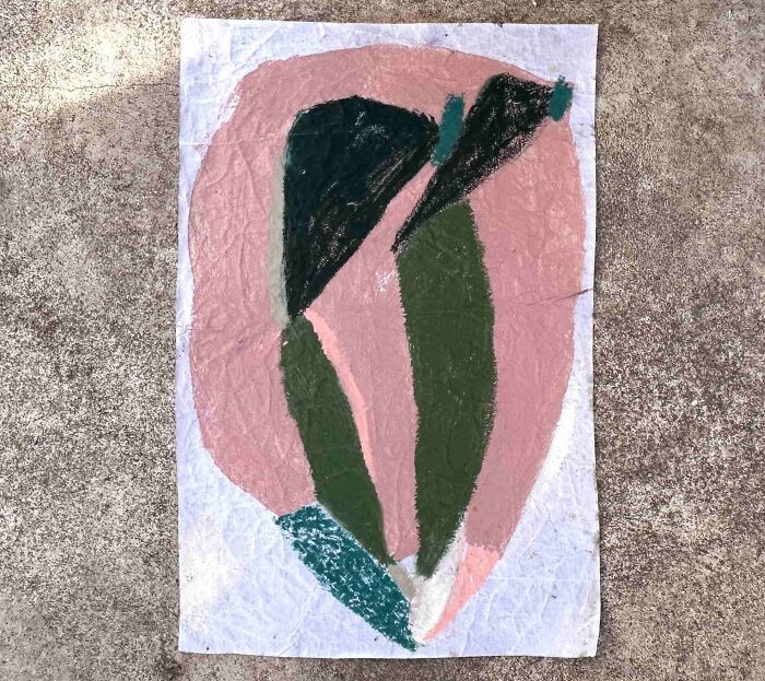 Heather Chontos' creative art piece on textured paper, an abstract form in shades of pink and deep green.