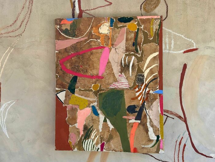 A mixed-media creative art collage by Heather Chontos, showcasing torn paper textures and abstract shapes in various colors.