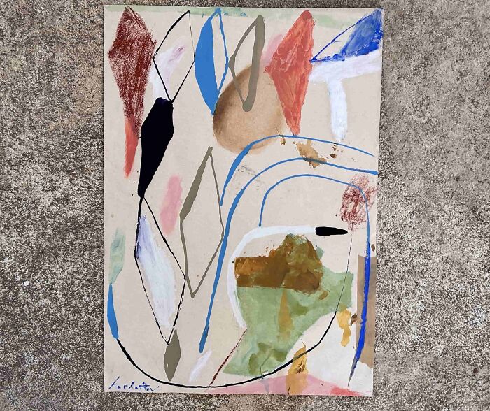 Heather Chontos creative art, an abstract painting with diamond shapes, blue lines, and earthy tones on a beige background.