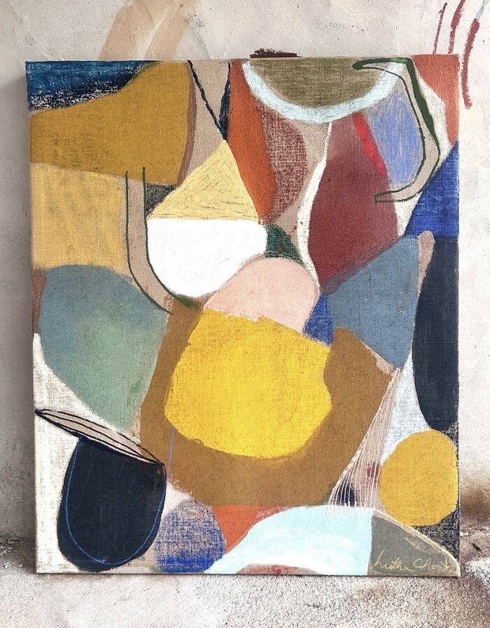 A large Creative Art painting by Heather Chontos, with an expressive mix of colors and shapes, evoking a sense of vibrant movement.