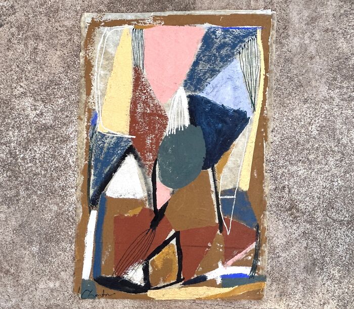 A textured abstract Creative Art piece by Heather Chontos, showcasing geometric shapes and organic lines in earthy tones.