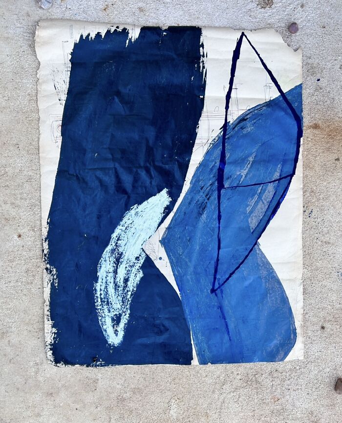 Creative art by Heather Chontos: an abstract artwork with bold dark and light blue paint strokes and linear elements on crumpled paper.