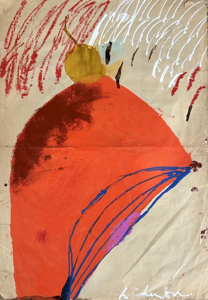 Creative art by Heather Chontos: a bold abstract piece with a large red shape, blue lines, and yellow accent on paper.