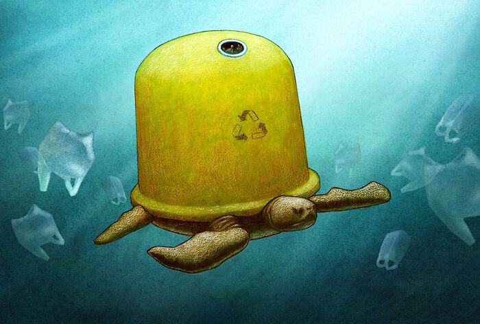 A sea turtle with a recycling bin for a shell swimming among plastic bags, a satirical illustration of modern society.