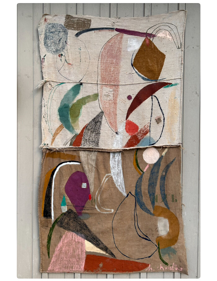Creative art by Heather Chontos: a mixed media abstract artwork with diverse shapes and muted colors on fabric panels.