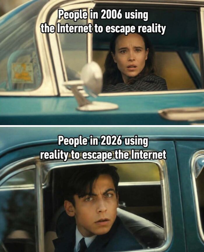 A pop culture post featuring a meme comparing internet use in 2006 and 2026, offering instant good vibes.