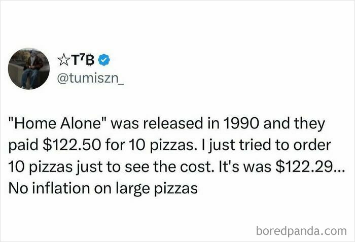 A social media post comparing pizza prices from Home Alone to current prices, showcasing pop culture posts.