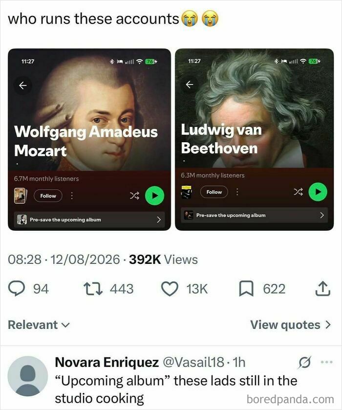 Spotify artist pages for Wolfgang Amadeus Mozart and Ludwig van Beethoven, showing upcoming album pre-saves. Pop culture for good vibes.