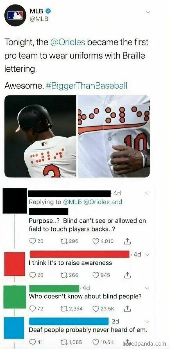 A blursed image of a tweet about MLB wearing Braille uniforms, with a hilarious and ignorant comment about blind people.