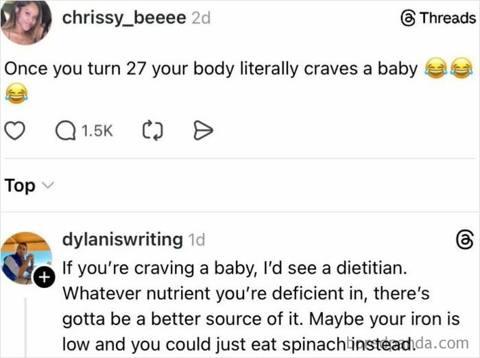 A blursed comment on social media about craving a baby and another user suggesting a dietitian instead.