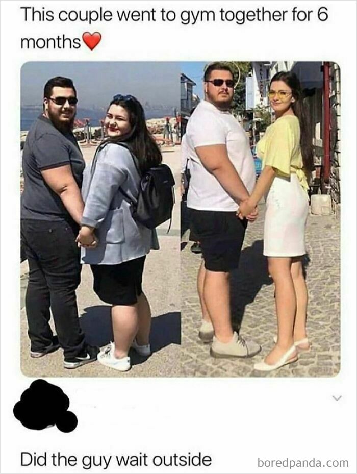 A before and after image of a couple showing a blursed transformation after going to the gym for 6 months.