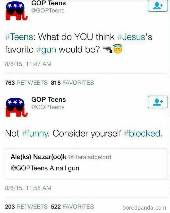 A blursed tweet from GOP Teens asking about Jesus's favorite gun, with a sarcastic reply 'A nail gun'.