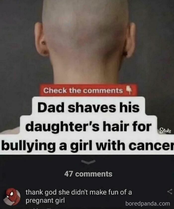 A blursed image showing the back of a shaved head, with a caption about a dad shaving his daughter's hair for bullying a girl with cancer.