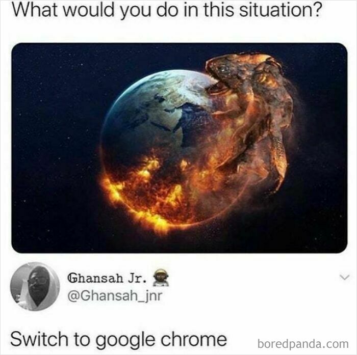 A blursed comment on a post showing the Earth engulfed in flames, suggesting to switch to Google Chrome.