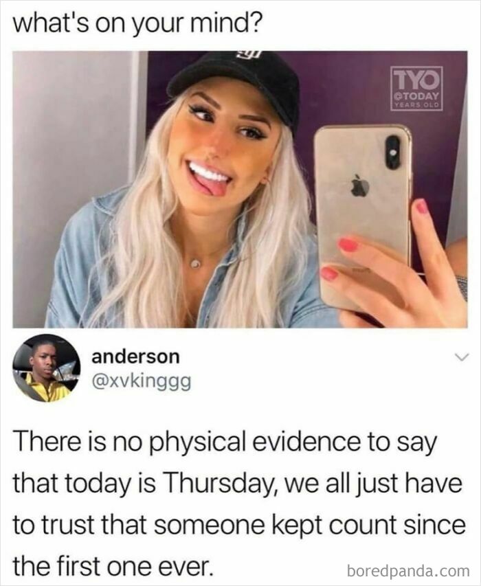 A blursed comment on a tweet, questioning the concept of Thursday with a smiling woman taking a selfie.