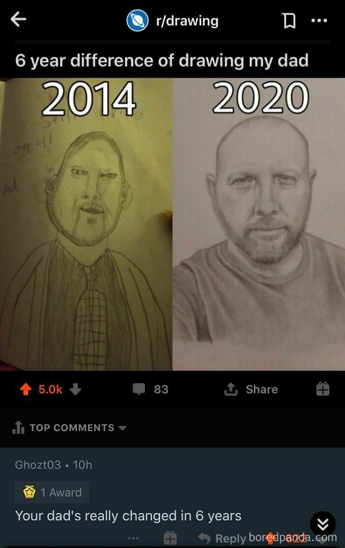 Blursed comments on a Reddit post showing a drawing improvement over 6 years, from 2014 to 2020, offering a chuckle.