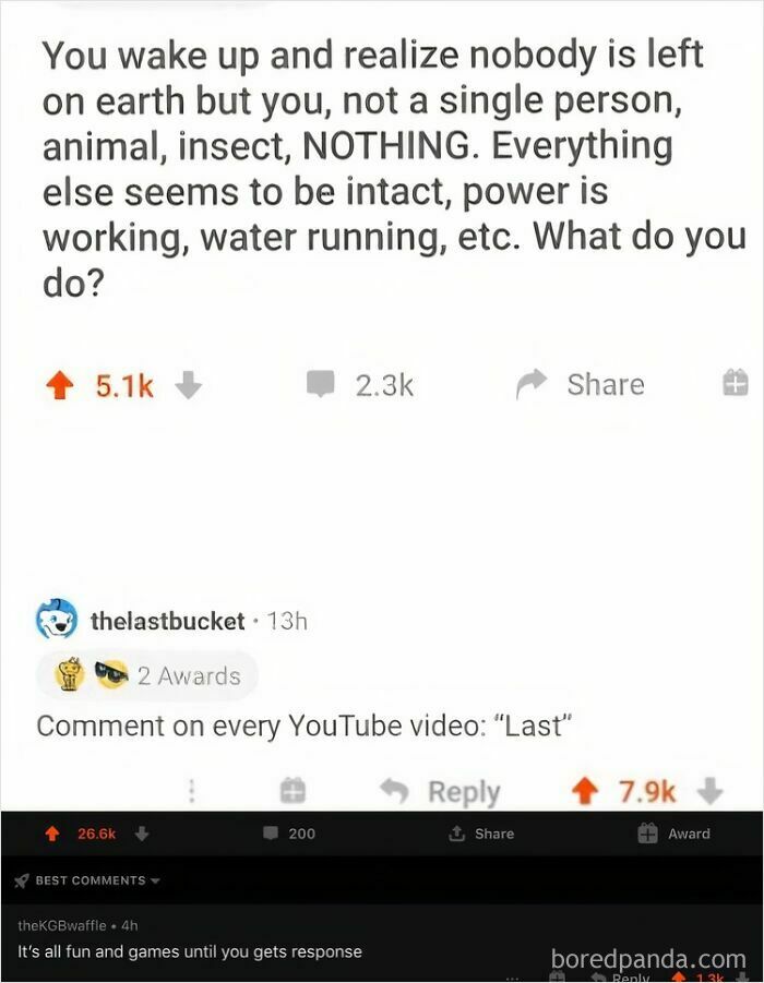 A Reddit post asking about being the last person on Earth, followed by blursed comments.