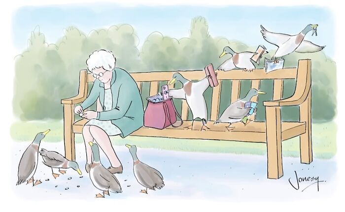 Jonesy cartoon: An old woman feeding ducks, while other ducks steal her phone and purse, showcasing absurdities of everyday life.