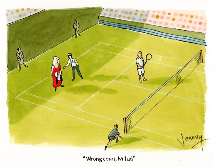 A Jonesy cartoon of a tennis court with a judge on it, highlighting the absurdities of everyday life.