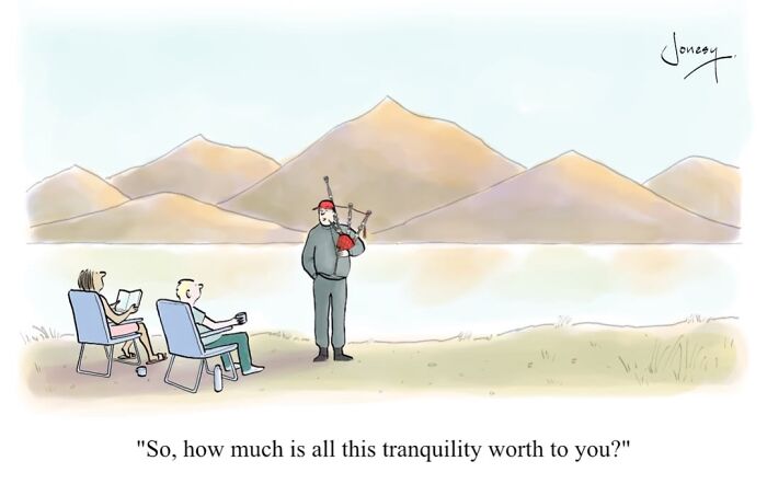 Jonesy cartoon: A man playing bagpipes by a lake, bothering a couple enjoying tranquility, a dry cartoon about everyday life.