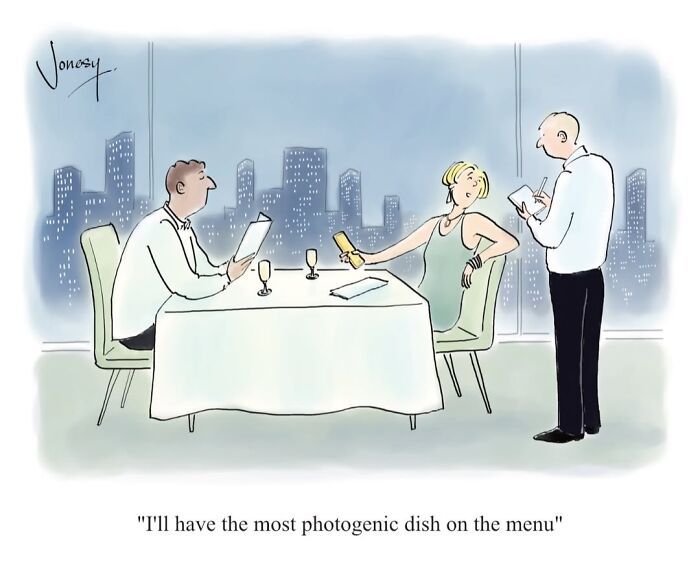 A Jonesy cartoon shows a woman in a restaurant asking for the most photogenic dish, satirizing everyday life.