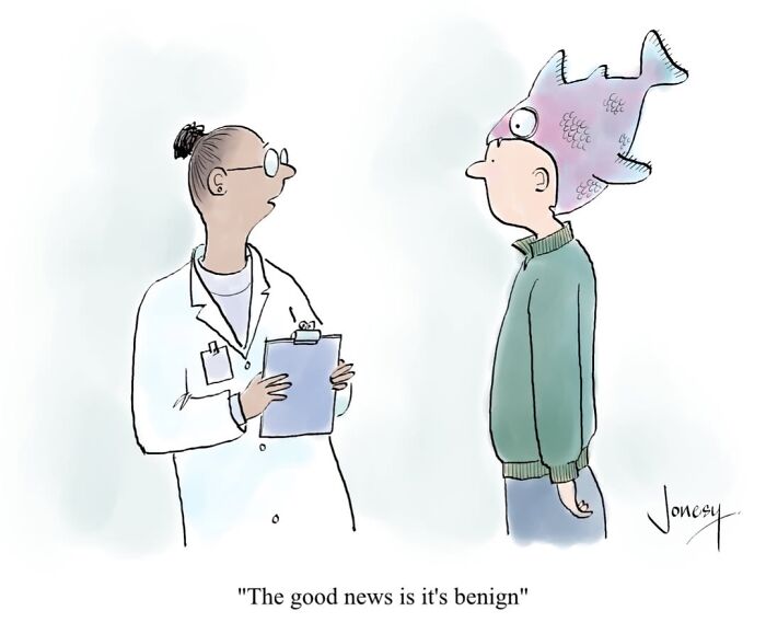 A Jonesy cartoon with a doctor talking to a man wearing a fish hat, showcasing absurdities of everyday life.