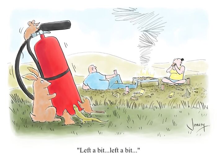 A Jonesy cartoon showing animals trying to move a fire extinguisher while people grill, capturing absurdities of everyday life.
