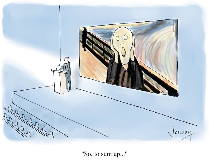 A Jonesy cartoon where a speaker presents The Scream painting, illustrating absurdities of everyday life.