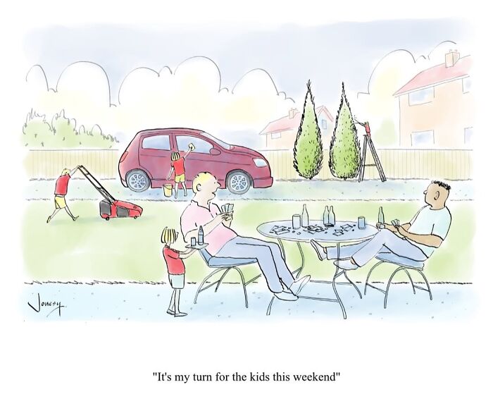 A Jonesy cartoon showing dads relaxing while kids do yard work, highlighting absurdities of everyday life.