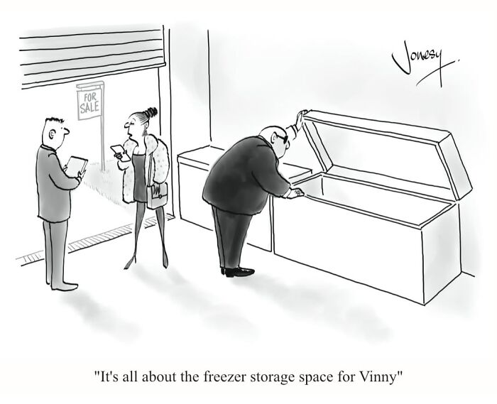 Jonesy cartoon of a man inspecting a freezer, showcasing absurdities of everyday life.