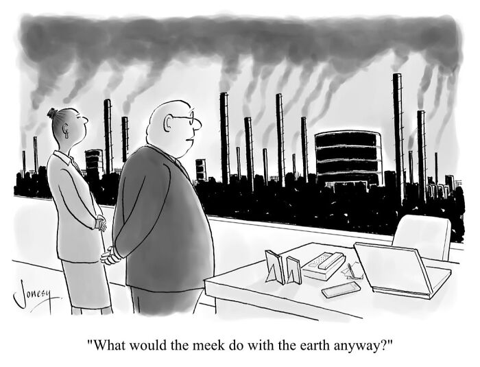 Jonesy cartoon of two people looking at a polluted factory landscape, depicting everyday absurdities.