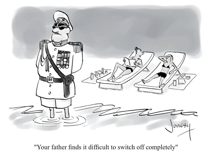 Jonesy cartoon of a uniformed general in water while others relax, highlighting life's absurdities.