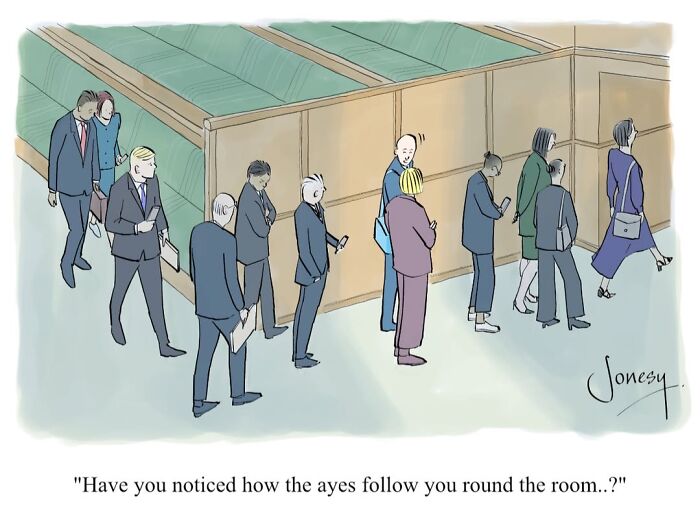 A Jonesy cartoon: People in an art gallery, eyes on their phones, a dry cartoon about modern life absurdities.