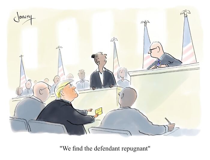 A Jonesy cartoon depicting a courtroom scene where a jury finds the defendant repugnant. This brilliantly dry cartoon reflects the absurdities of everyday life.