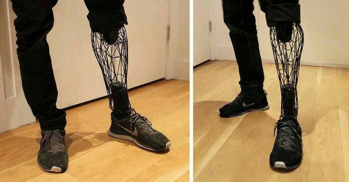 A person modeling a stylish, intricate 3D printed prosthetic leg, demonstrating brilliant stuff from 3D printers.