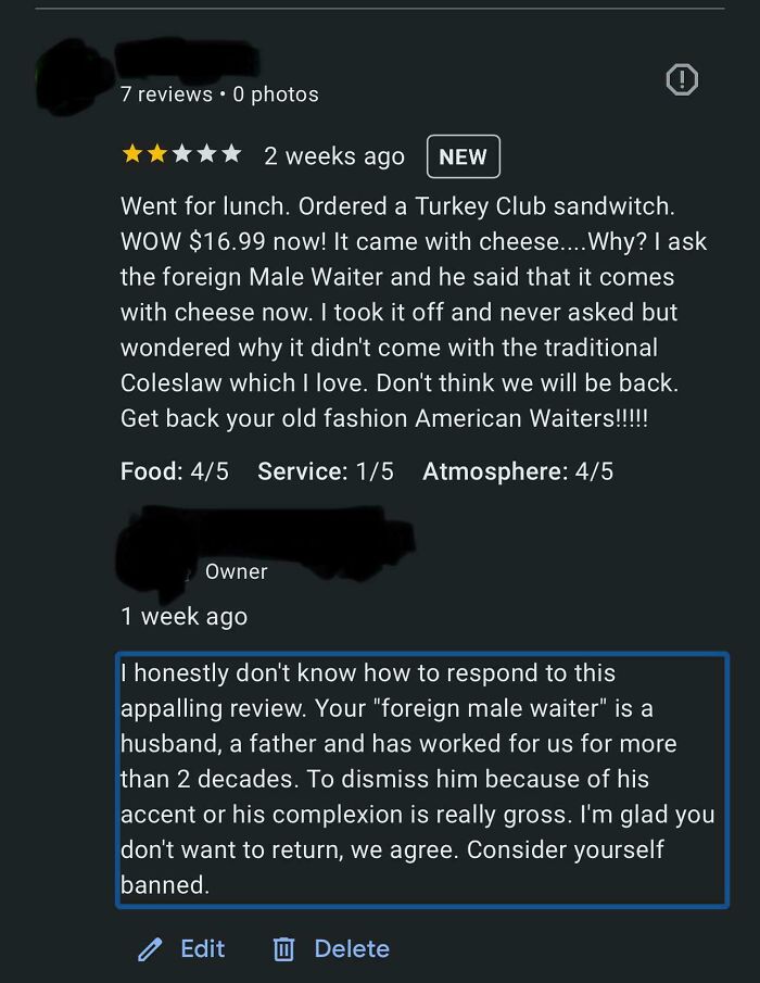 A screenshot of a customer review and owner response, highlighting customers who clearly need a reality check.