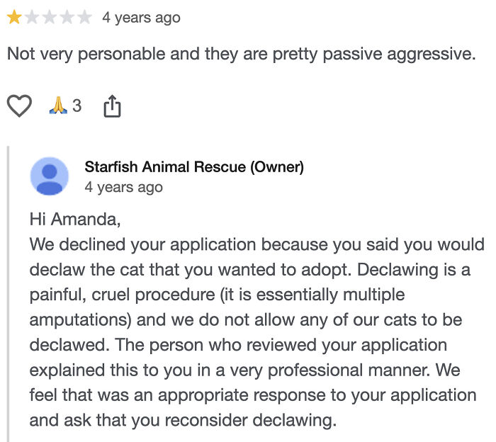 A screenshot of a customer review and owner response, highlighting customers who clearly need a reality check.
