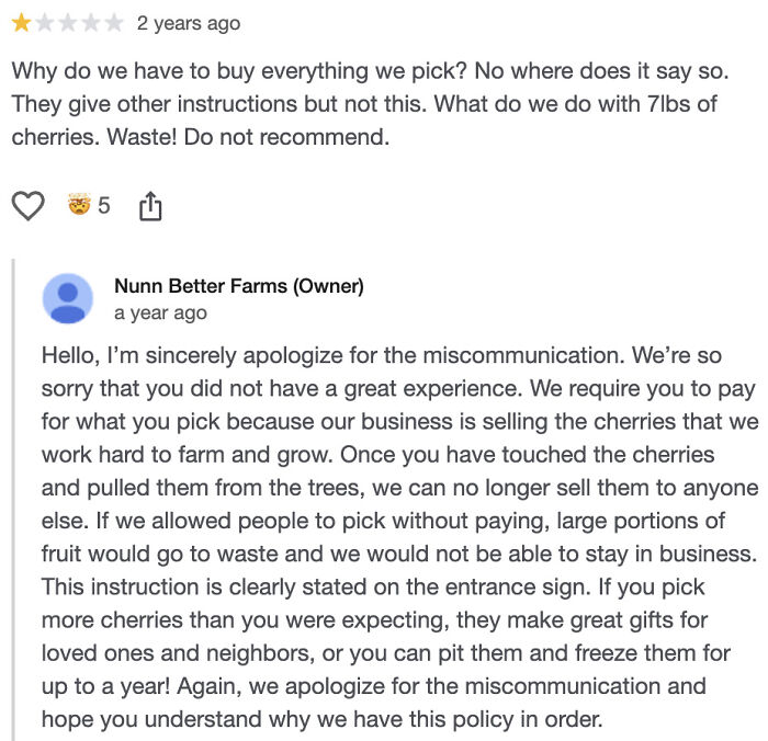 A customer review about picking cherries without paying and the farm owner's explanation. Forever traumatized customers.